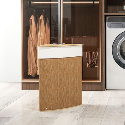 Panier à Linge D’angle En Bambou 55 L Avec Couvercle Et Sac Amovible