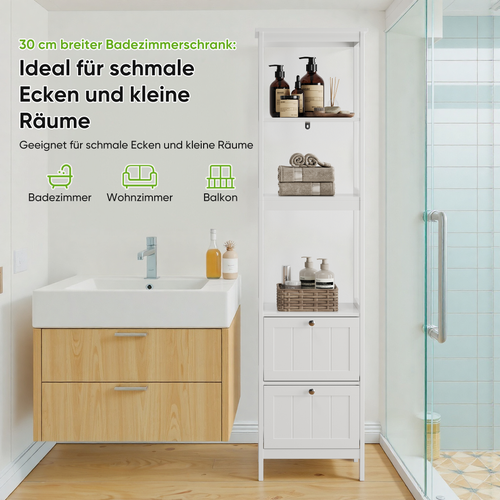 Colonne De Rangement Blanche 40x30x160 Cm Avec Tiroirs Et Étagères