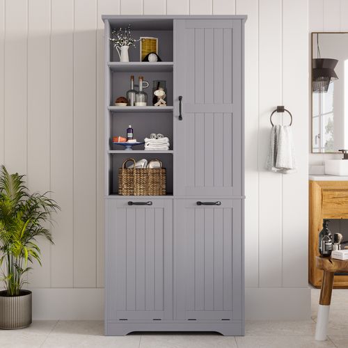 Armoire De Salle De Bain Grise 78x35x172 Cm Avec Double Panier à Linge