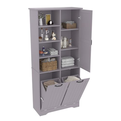 Armoire De Salle De Bain Grise 78x35x172 Cm Avec Double Panier à Linge