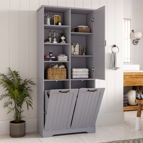 Armoire De Salle De Bain Grise 78x35x172 Cm Avec Double Panier à Linge