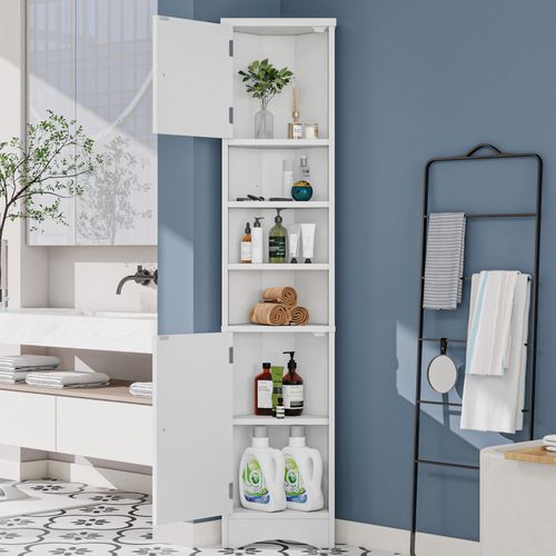 Armoire D’angle De Salle De Bain Blanche 37x24,5x170 Cm Avec Étagères Et Portes