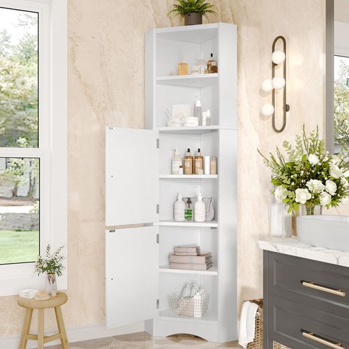 Meuble De Salle De Bain D’angle Blanc 51,7x32x155,4 Cm Avec Portes Et Étagères Réglables