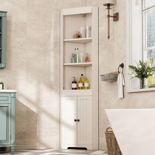 Meuble Haut D’angle Salle De Bain Blanc 49,5x35x170 Cm Avec Portes Et Étagères Réglables