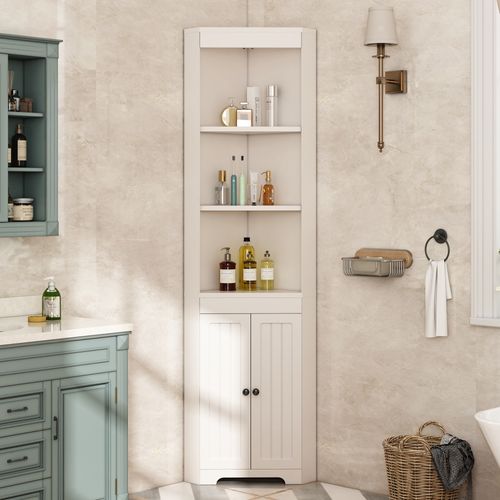 Meuble Haut D’angle Salle De Bain Blanc 49,5x35x170 Cm Avec Portes Et Étagères Réglables