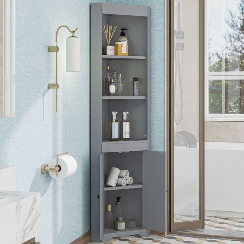 Meuble Haut D’angle Salle De Bain Gris 49,5x35x170 Cm Avec Portes Et Étagères Réglables