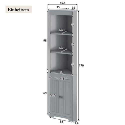 Meuble Haut D’angle Salle De Bain Gris 49,5x35x170 Cm Avec Portes Et Étagères Réglables