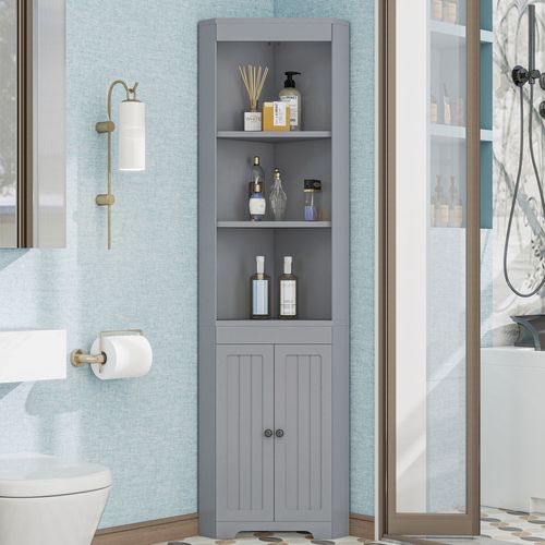 Meuble Haut D’angle Salle De Bain Gris 49,5x35x170 Cm Avec Portes Et Étagères Réglables