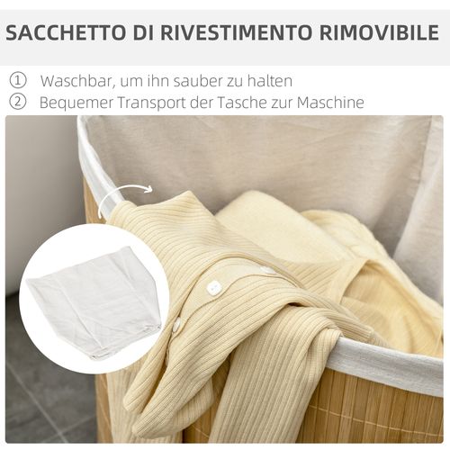 Panier à Linge D’angle En Bambou 55l Avec Couvercle Et Sac Amovible Blanc Naturel