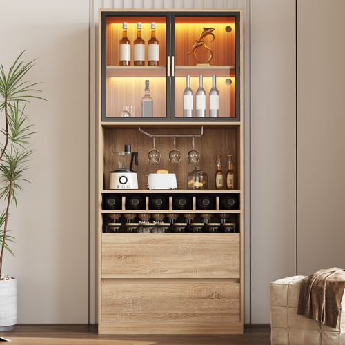 Armoire Salle De Bain Avec Vitrine, Portes Vitrées Et Éclairage LED 180 Cm
