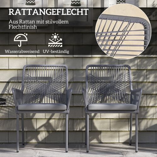 Lot De 2 Chaises De Jardin En Rotin Gris Foncé Avec Coussins Amovibles, Résistantes Aux Intempéries