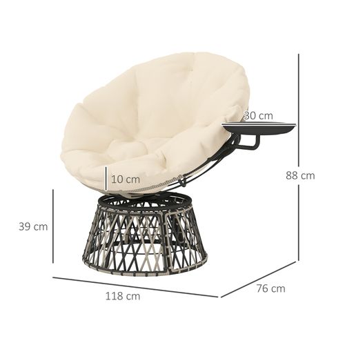 Fauteuil Papasan Rotatif 360° En Rotin Avec Coussin, Table Latérale Intégrée, Beige