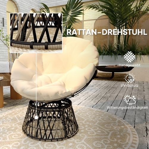 Fauteuil Papasan Rotatif 360° En Rotin Avec Coussin, Table Latérale Intégrée, Beige