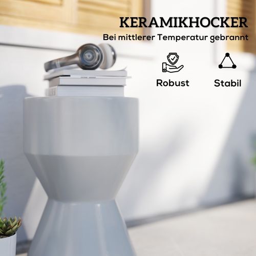 Tabouret En Céramique Forme Sablier Gris Clair, Résistant 120kg, Ø33 X 45,5 Cm