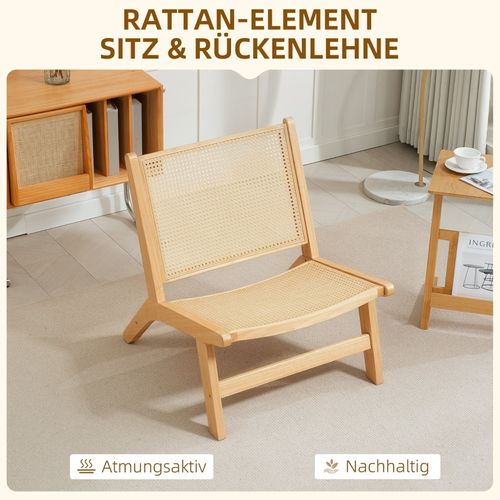Fauteuil Sans Accoudoirs En Bois Naturel Avec Dossier En Rotin, Chaise De Lecture