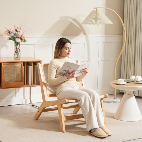 Fauteuil Sans Accoudoirs En Bois Naturel Avec Dossier En Rotin, Chaise De Lecture