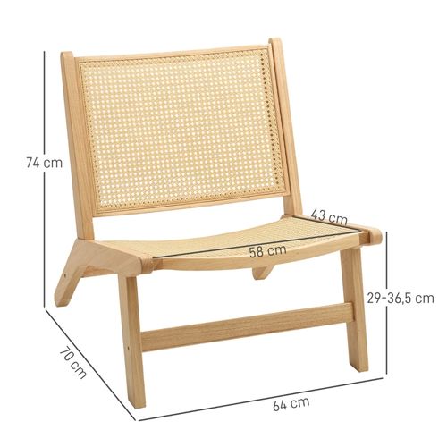Fauteuil Sans Accoudoirs En Bois Naturel Avec Dossier En Rotin, Chaise De Lecture