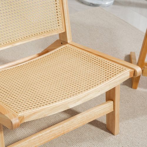 Fauteuil Sans Accoudoirs En Bois Naturel Avec Dossier En Rotin, Chaise De Lecture