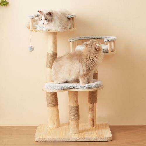 Arbre à Chat En Bois Massif 98 Cm Avec Coussins Amovibles Et Sisal, Gris