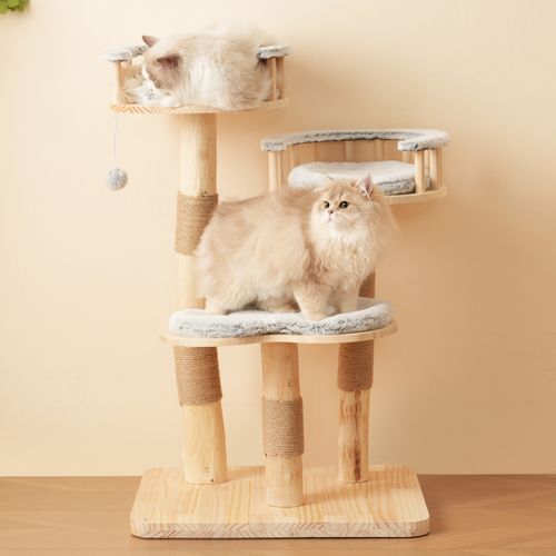 Arbre à Chat En Bois Massif 98 Cm Avec Coussins Amovibles Et Sisal, Gris
