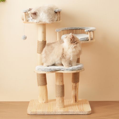Arbre à Chat En Bois Massif 98 Cm Avec Coussins Amovibles Et Sisal, Gris