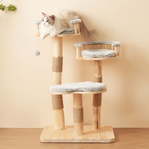 Arbre à Chat En Bois Massif 98 Cm Avec Coussins Amovibles Et Sisal, Gris