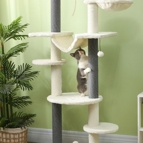 Arbre à Chat Ajustable 225-255 Cm Avec Refuge, Hamacs Et Jeu, Blanc
