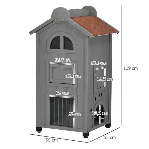 Maison Pour Chat 2 Étages En Sapin Avec Toit Bitumé, Balcon Et Hublots, Gris