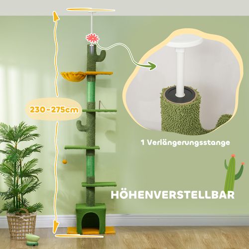 Arbre à Chat Ajustable 230-275 Cm Avec Niches, Hamac Et Jeu, Vert