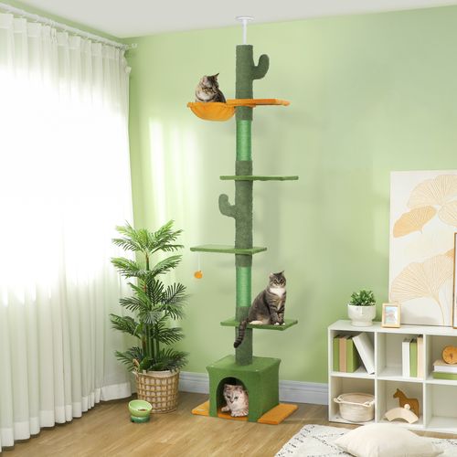 Arbre à Chat Ajustable 230-275 Cm Avec Niches, Hamac Et Jeu, Vert