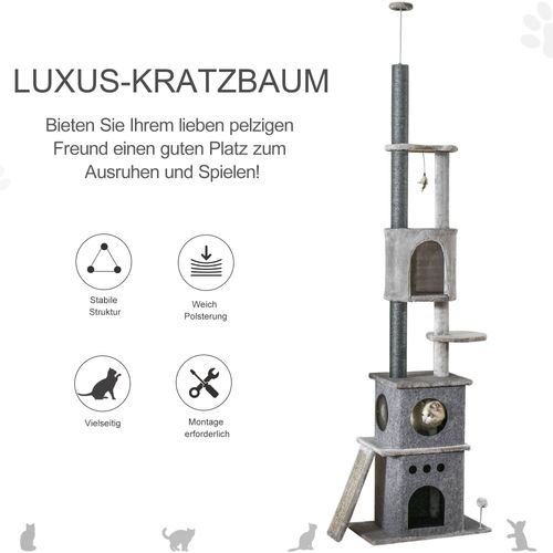 Arbre à Chat XXL Réglable 225-255 Cm Avec Jouets Et Sisal, Gris Clair
