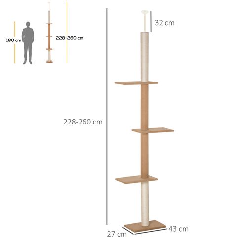 Arbre à Chat Réglable 228-260 Cm Avec Plateformes Et Coussins En Peluche, Kaki
