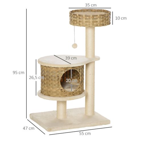 Arbre à Chat En Rotin Naturel Avec Niche Et Jouet Suspendu, Beige, Pour Petits Chats