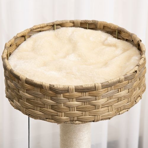 Arbre à Chat En Rotin Naturel Avec Niche Et Jouet Suspendu, Beige, Pour Petits Chats