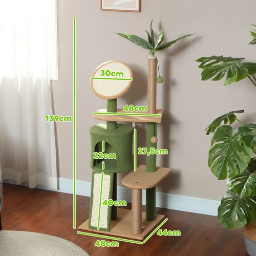 Arbre à Chat 139 Cm Avec Cachette, Jouets Et Poteaux En Sisal, Vert Naturel