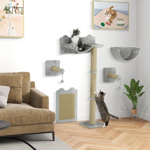 Set Mural Pour Chat 5 Pièces Avec Griffoirs, Hamac Et Plateformes, Gris Clair
