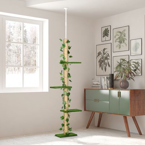 Arbre à Chat Réglable Hauteur Plafond 202-242 Cm, Jute Vert Et Jaune Avec Anti-basculement