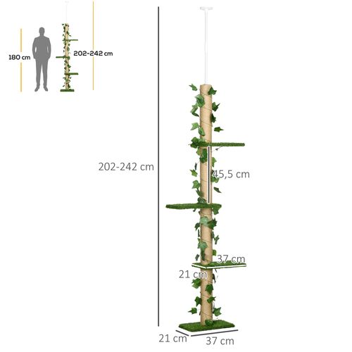 Arbre à Chat Réglable Hauteur Plafond 202-242 Cm, Jute Vert Et Jaune Avec Anti-basculement