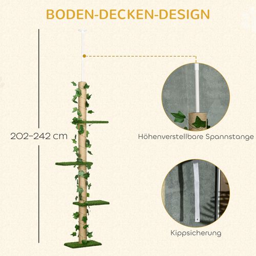 Arbre à Chat Réglable Hauteur Plafond 202-242 Cm, Jute Vert Et Jaune Avec Anti-basculement