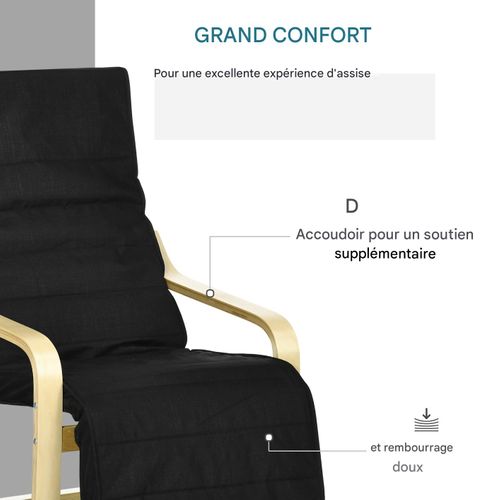 Fauteuil relax suspendu en lin noir avec repose-pieds réglable, structure en bois de bouleau