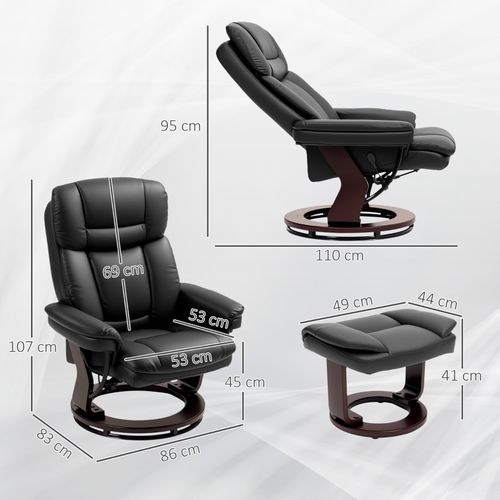 Fauteuil Relax Pivotant 360° Avec Repose-pieds, Cuir Synthétique Noir, Fonction Inclinable