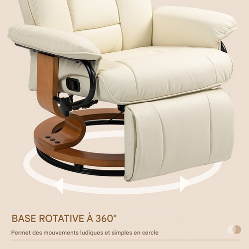 Fauteuil Relax Pivotant Avec Repose-pieds Et Inclinaison Jusqu’à 150 Kg, , Cuir Synthétique Crème