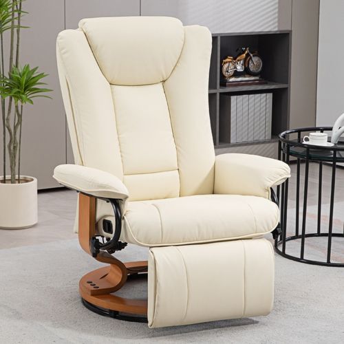 Fauteuil Relax Pivotant Avec Repose-pieds Et Inclinaison Jusqu’à 150 Kg, , Cuir Synthétique Crème