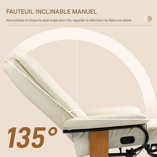 Fauteuil Relax Pivotant Avec Repose-pieds Et Inclinaison Jusqu’à 150 Kg, , Cuir Synthétique Crème
