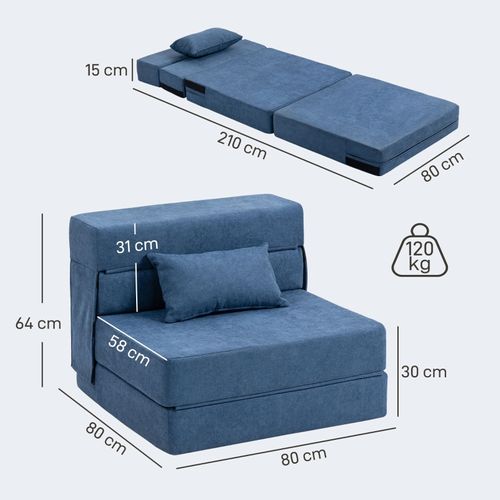 Fauteuil Relax 3 En 1 Convertible En Lit, Relax En Flanelle Bleu Marine, Avec Coussin Lombaire