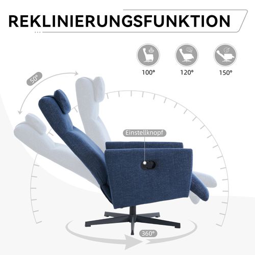 Fauteuil Relax En Chenille Bleu Avec Fonction Relax, Pivotant 360°, Avec Repose-pieds