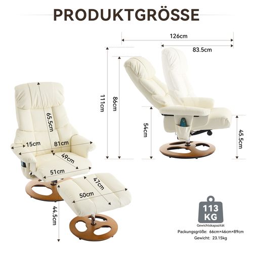 Fauteuil Relax Blanc En Pu Avec Massage, Chauffage, Rotation 360° Et Repose-pieds