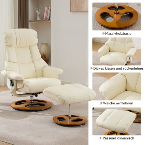 Fauteuil Relax Blanc En Pu Avec Massage, Chauffage, Rotation 360° Et Repose-pieds