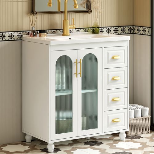 Meuble Salle De Bain 80 Cm Avec Vasque En Céramique Blanche Et Meuble De Rangement