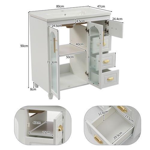 Meuble Salle De Bain 80 Cm Avec Vasque En Céramique Blanche Et Meuble De Rangement